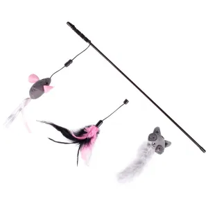 Cat Wand Teaser Toy - 3 Piece - Feather / Mouse / Cat Head