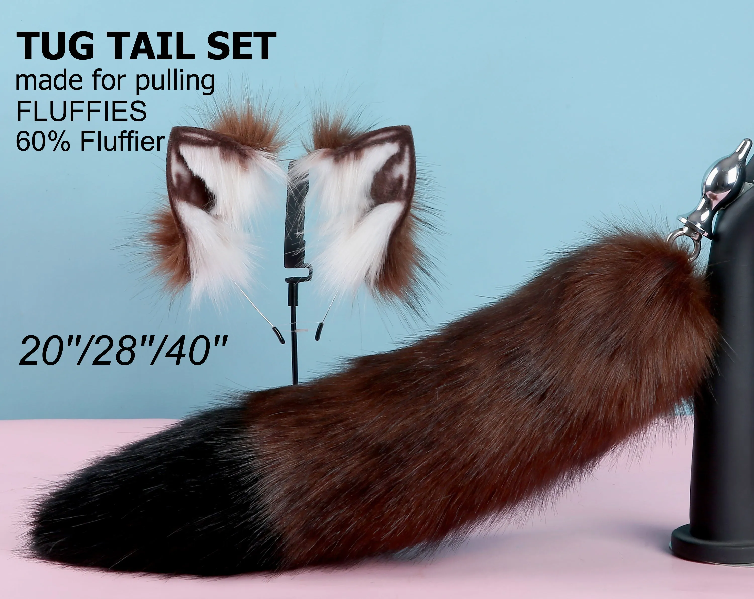 coffee black fluffy tug tail plug and ear set fluffy fox tail butt plug and ear set wolf tail buttplug sex toy bdsm cat tail petplay