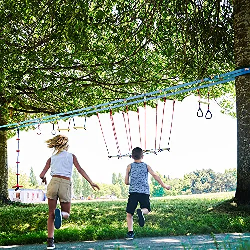 Double Slackline Obstacle Course - 110 Ft Line - Ninja Warrior Course with Monkey Bars - Ninja Slackline for Kids - Patented Double Line Design (110' Ultimate Warrior Set, with Rickety Bridge)