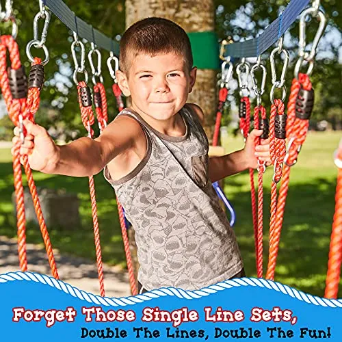 Double Slackline Obstacle Course - 110 Ft Line - Ninja Warrior Course with Monkey Bars - Ninja Slackline for Kids - Patented Double Line Design (110' Ultimate Warrior Set, with Rickety Bridge)