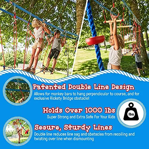 Double Slackline Obstacle Course - 110 Ft Line - Ninja Warrior Course with Monkey Bars - Ninja Slackline for Kids - Patented Double Line Design (110' Ultimate Warrior Set, with Rickety Bridge)