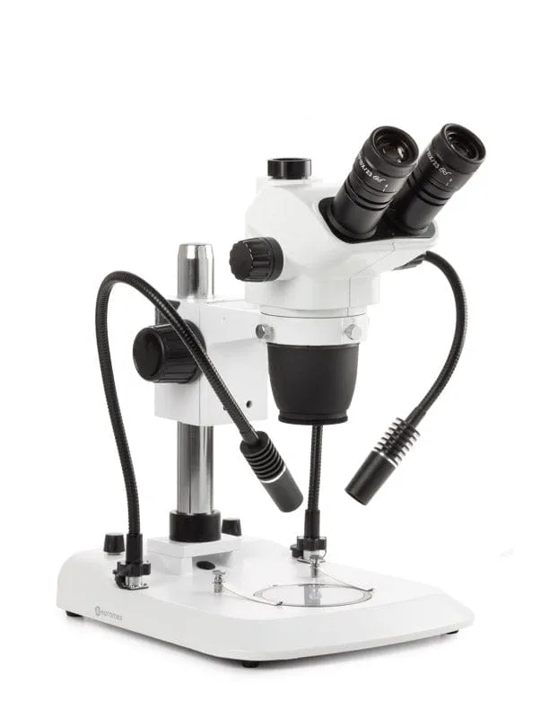 Euromex Trinocular High-Precision Stereo Zoom Microscope NexiusZoom EVO 6.5X-55X Magnification - Pillar Stand, 3W LED Gooseneck, Incident, & Transmitted Illumination