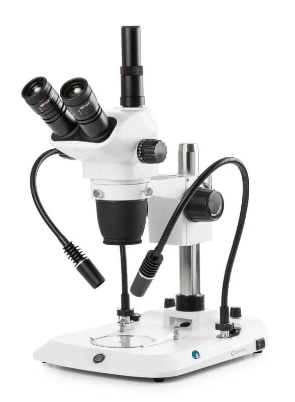 Euromex Trinocular High-Precision Stereo Zoom Microscope NexiusZoom EVO 6.5X-55X Magnification - Pillar Stand, 3W LED Gooseneck, Incident, & Transmitted Illumination