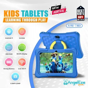 Kids 7 Inch Wifi Tablet, Pritom K7-Pro, Android 11, 2GB RAM, 32GB ROM, Pre-Installed iWawa Kids and Parental Control, Quad Core Processor, Touch Screen, Dual Camera, with Kids-Tablet Case