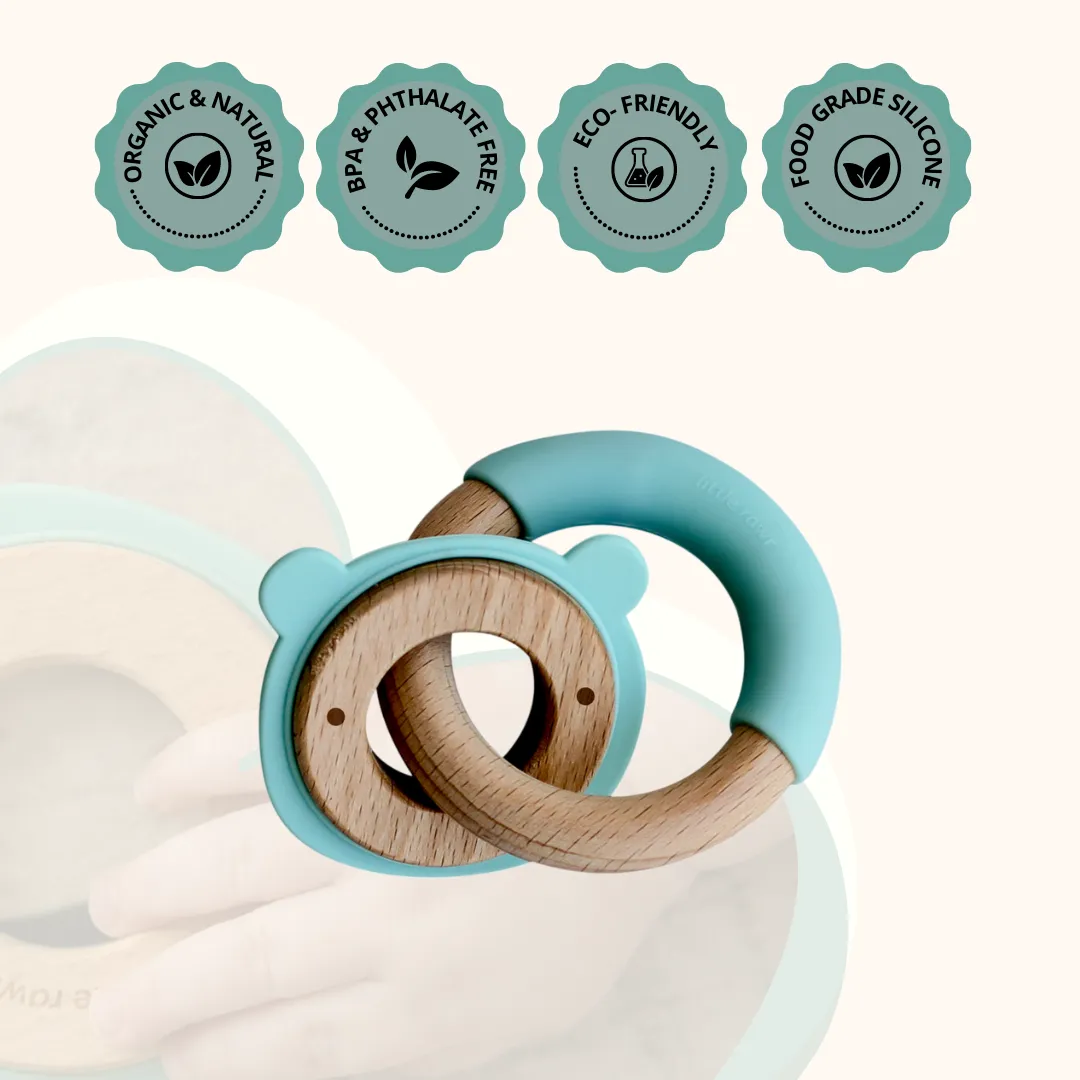 Little Rawr Wood   Silicone Disc & Ring Teether- Bear Blue