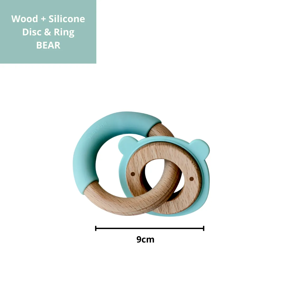 Little Rawr Wood   Silicone Disc & Ring Teether- Bear Blue