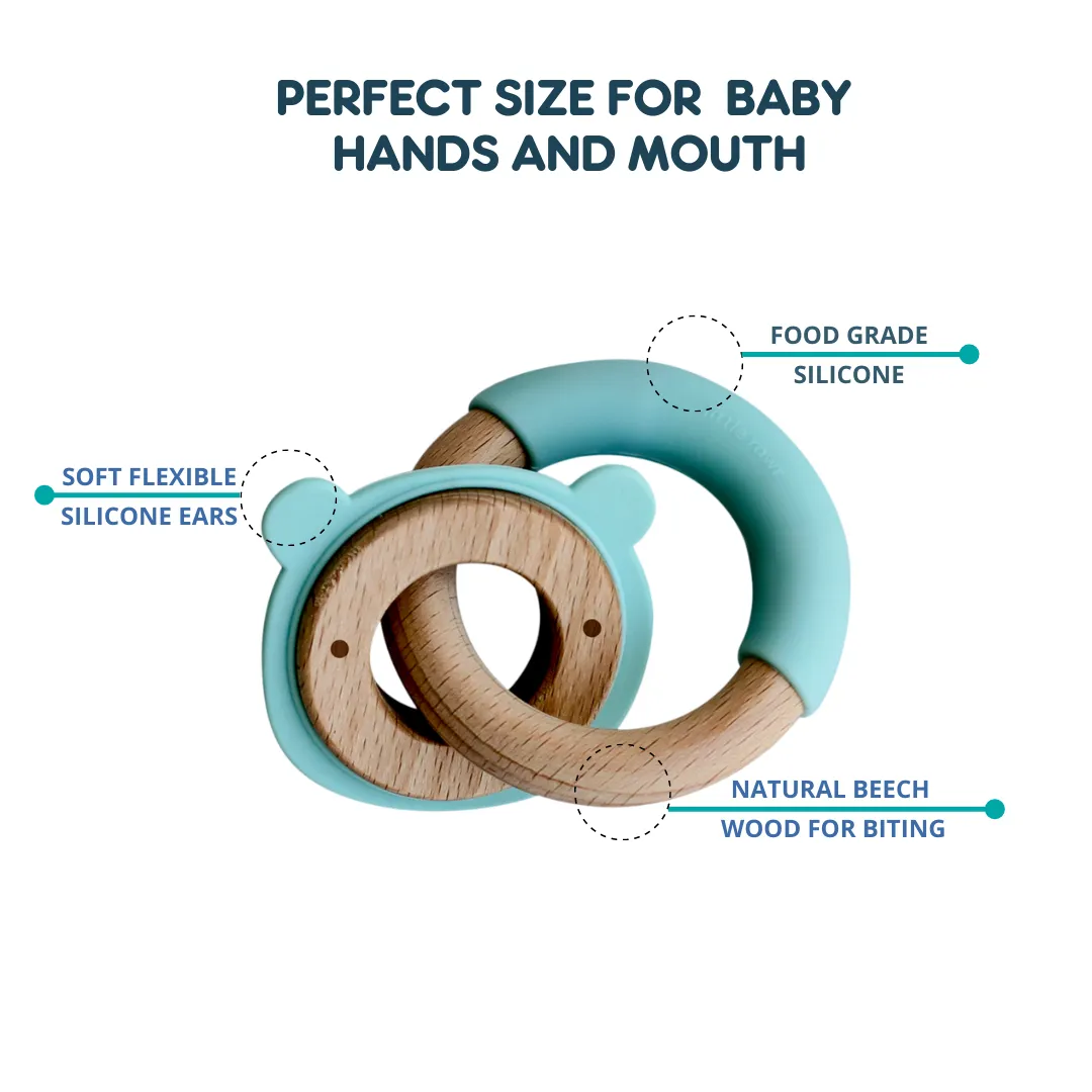 Little Rawr Wood   Silicone Disc & Ring Teether- Bear Blue