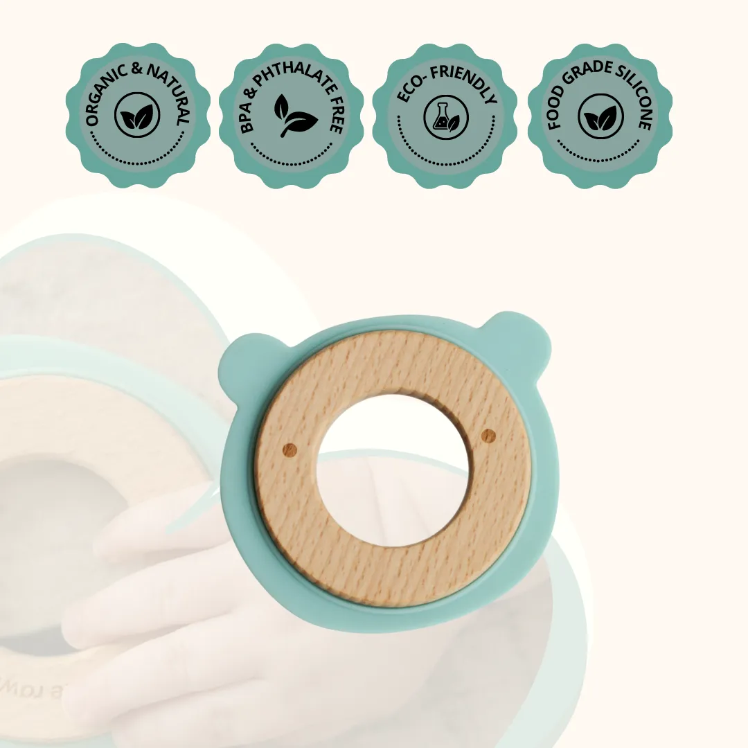 Little Rawr Wood   Silicone Disc Teether- Bear Blue