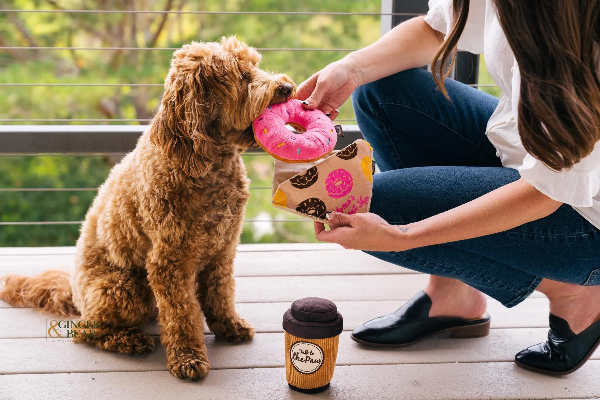 P.L.A.Y. Pup Cup Cafe Squeaky Plush Dog toys, Doughboy Donut