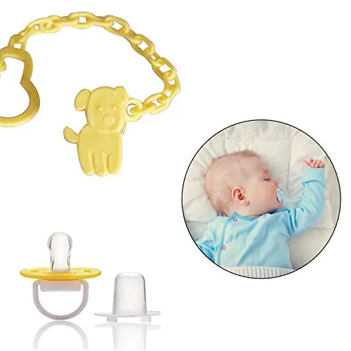 Safe-O-Kid, Animal Design Silicone Pacifier/Soother with Holder Chain- Yellow Dog